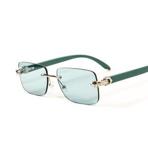 Turquoise Tint Rectangular Hip Hop Silver Frame Leopard Head Rimless Sunglasses